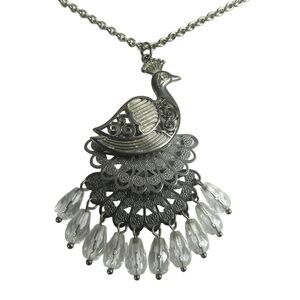 Peacock Silver Tone Pendant Chandelier Necklace Dangle Beaded Plus Size Friendly